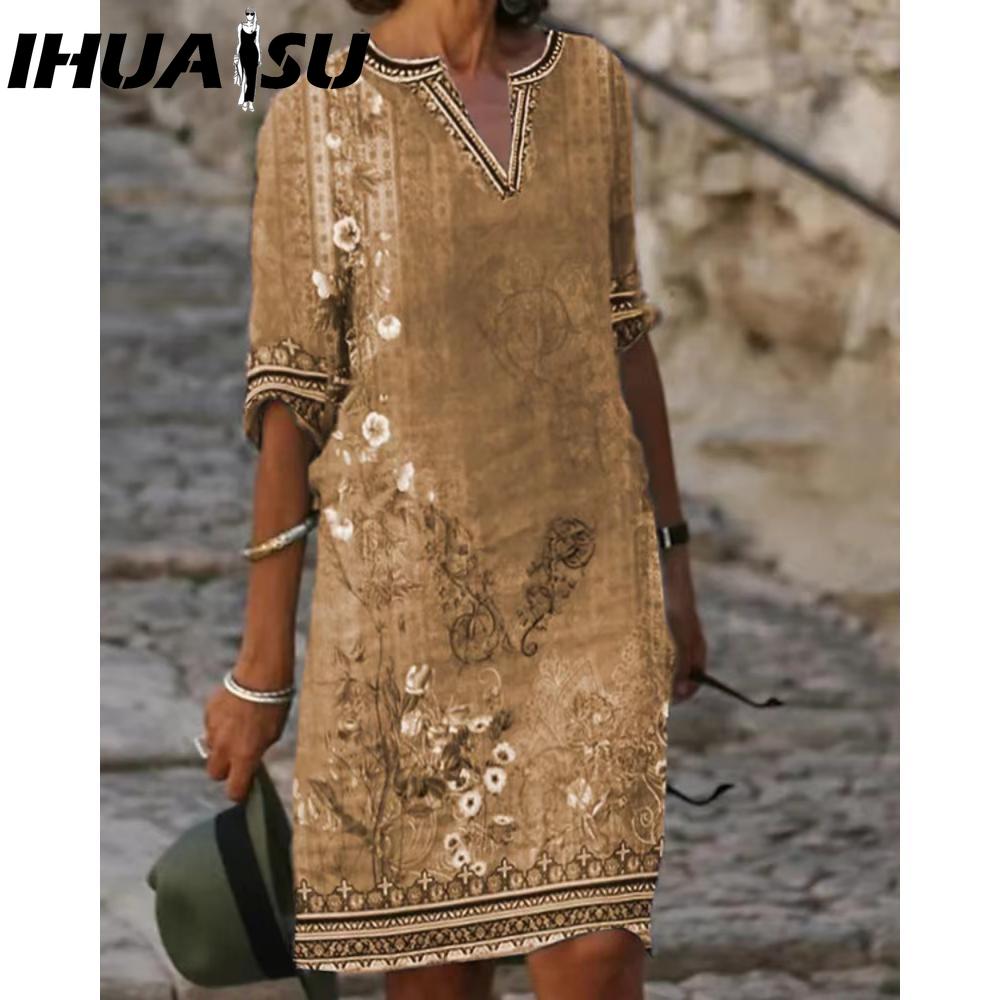 IHUASU Rochie Sexy cu Gât în V pentru Femei, Rochie Tricou de Vară cu Mânecă Scurtă, Top Femei, Rochie Midi Slim, Fustă de Plajă, Rochie Imprimată, Rochie Casual