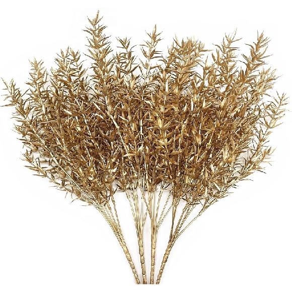 PASYOU Fake Leaves Plants for Christmas Decor, Gold Artificial Shrubs Grass Foliage Plastic Bulk Leaf Indoor Outdoor Home Garden Party Hotel Verandah