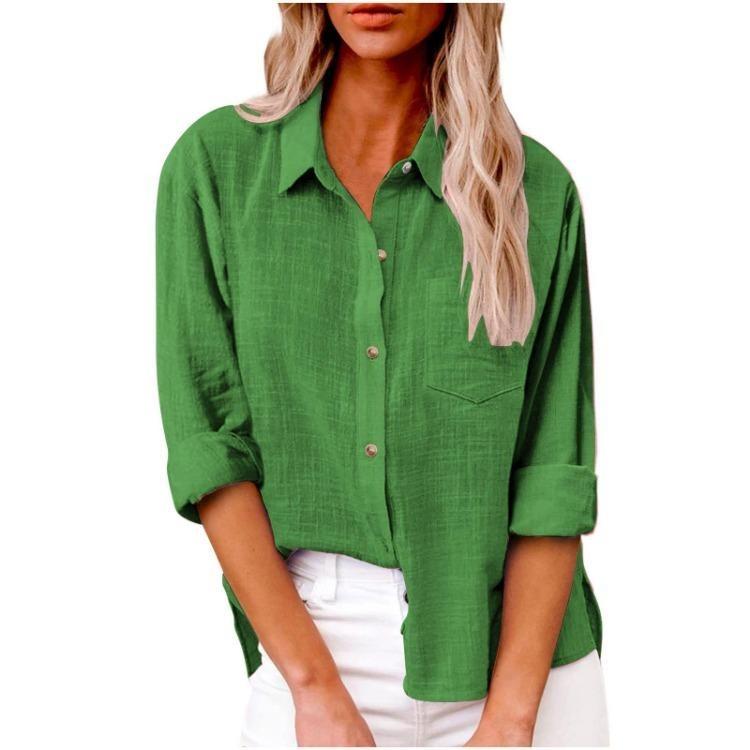 Women Long Sleeve Blouse Spring Fall Cotton Linen Button Up Shirt Solid Color Lapel Pocket Tops