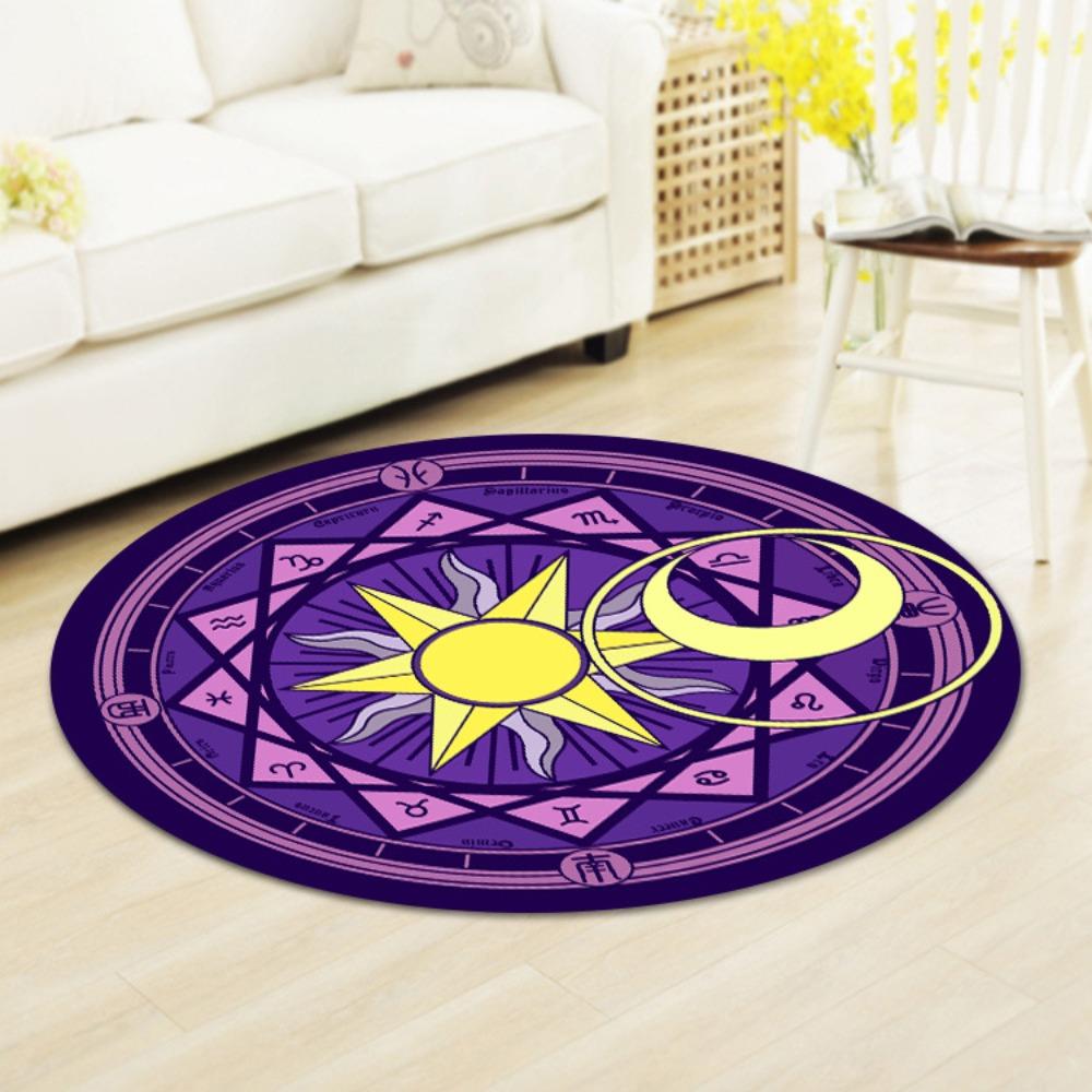 Astrologie Fliegender Teppich Matte Teppich Tierkreis Sonne Mond Heimdekoration Rundes Mystisches Design Wohnzimmer Bodenmatte mit Sternensymbolen