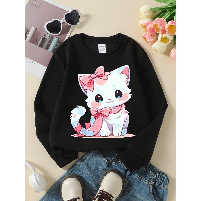 European Size Cute White Kitten with Pink Bow unisex' Crew Neck Fashion Sweatshirt,Autumn and Winter Western Style Top,Children's Long Sleeved T-shirt
