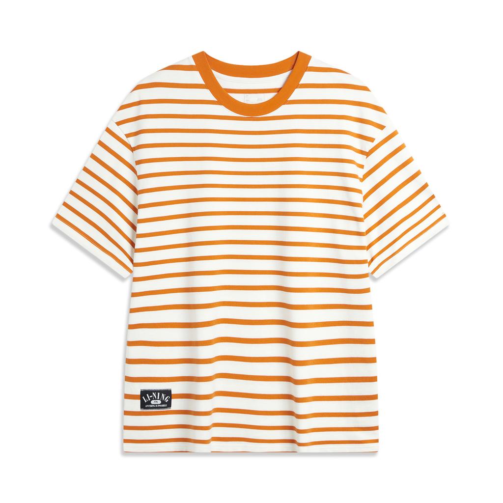 Li-Ning Weekend Youth Striped Crew Neck Casual Loose Short Sleeve Comfortable Soft T-Shirt Unisex Tops Off-White Burnt-Orange AHSU659-1