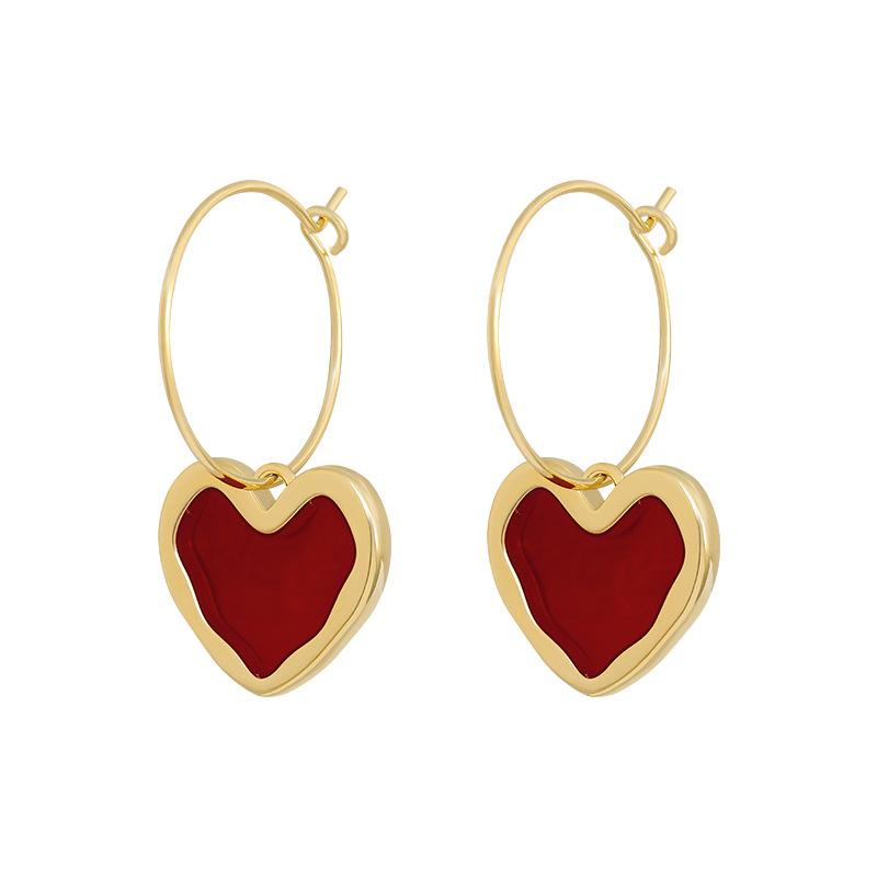 Sweet Burgundy Enamel Heart Earrings For Women Girl Gold Color Metal Love Heart Hanging Dangle Earrings Vintage Jewelry Brincos