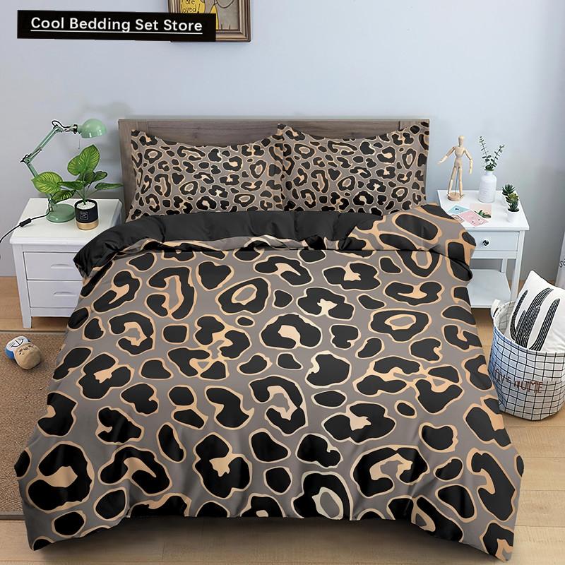 Leopard Print King Queen Duvet Cover Brown Cheetah Skin Pattern Bedding Set for Teens Girl Women Leopard 2/3pcs Soft Quilt Cover