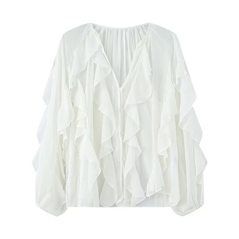 Womens V-Neck Layered Ruffle Pleated Blouse Loose Fit Street Style Long Sleeve Shirt In Solid Colors