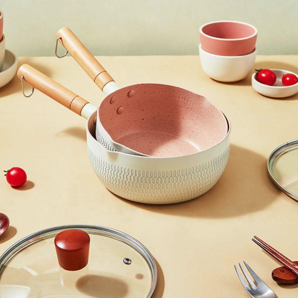 Wooden Handle Japanese Saucepan Universal Aluminum Alloy Soup Pot Diversion Port with Lid Non-stick Pan Porridge