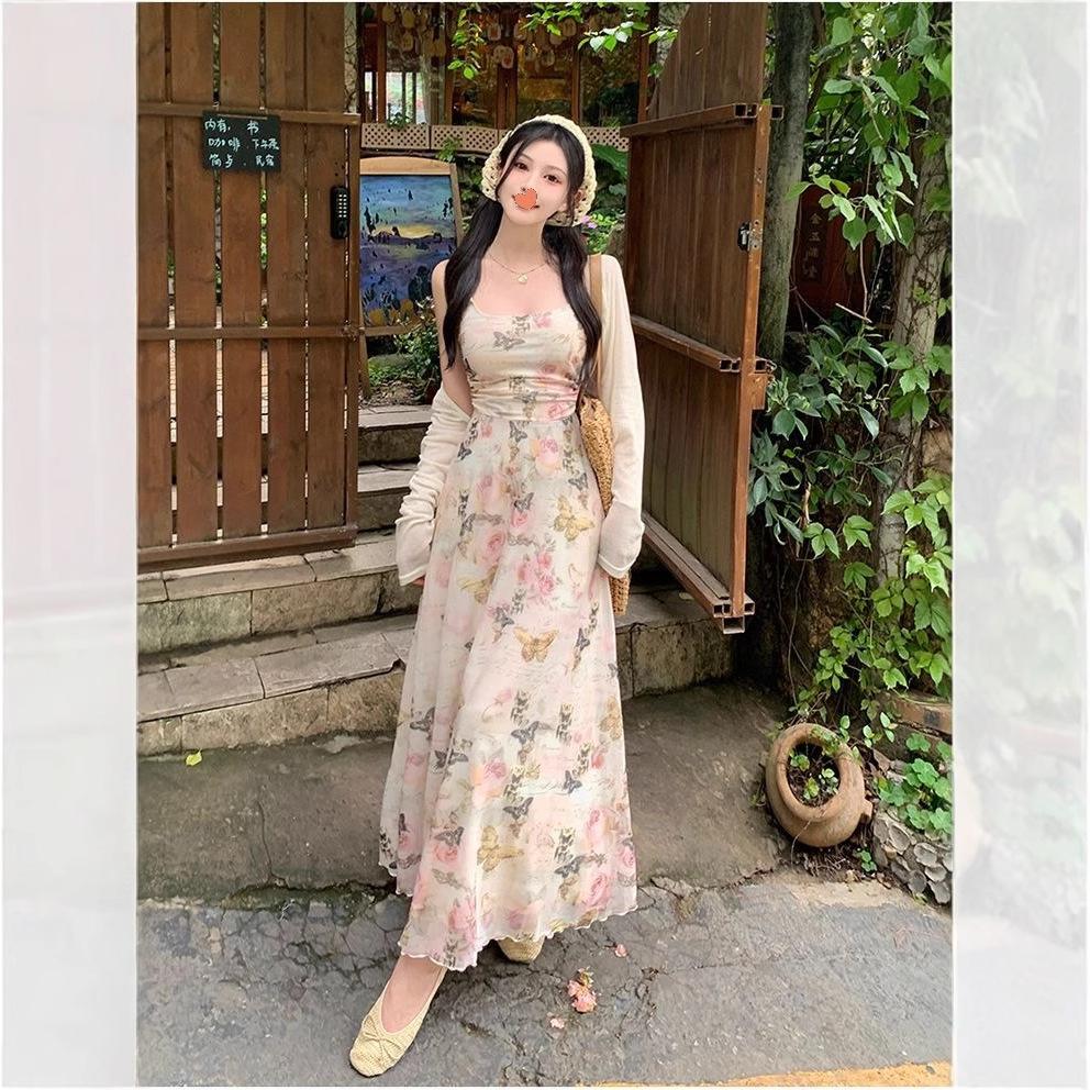 Coffee Break French Floral Suspender Dress Women's Summer Temperament Design Sense Seaside Vacation Long Dress Cardigan Two-piece Set