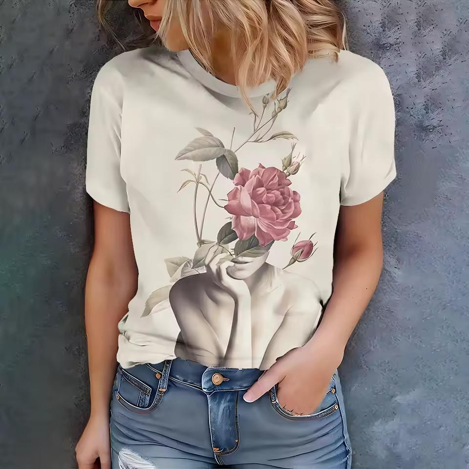 Sommar Rundhals 3D Flerfärgigt Blomtryck Topp Trendiga Casual Kortärmade Dam T-shirts