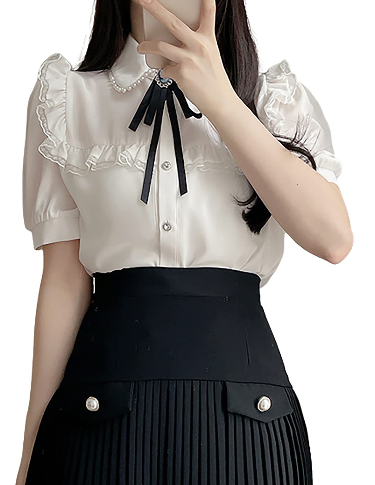 

шифон милый жемчуг короткий S [TOWYYO] Блузка массового производства, лента, кружево, оборки, украшение, рукава-фонарики, женская блузка, рубашка, женственный, белый