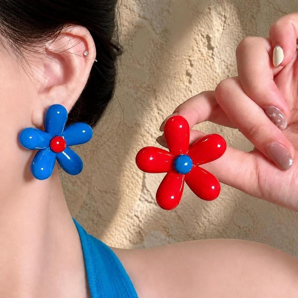 Oversized Resin Flower Earrings Glossy Asymmetry Earrings Trendy Flower Stud Earrings  Women Girls