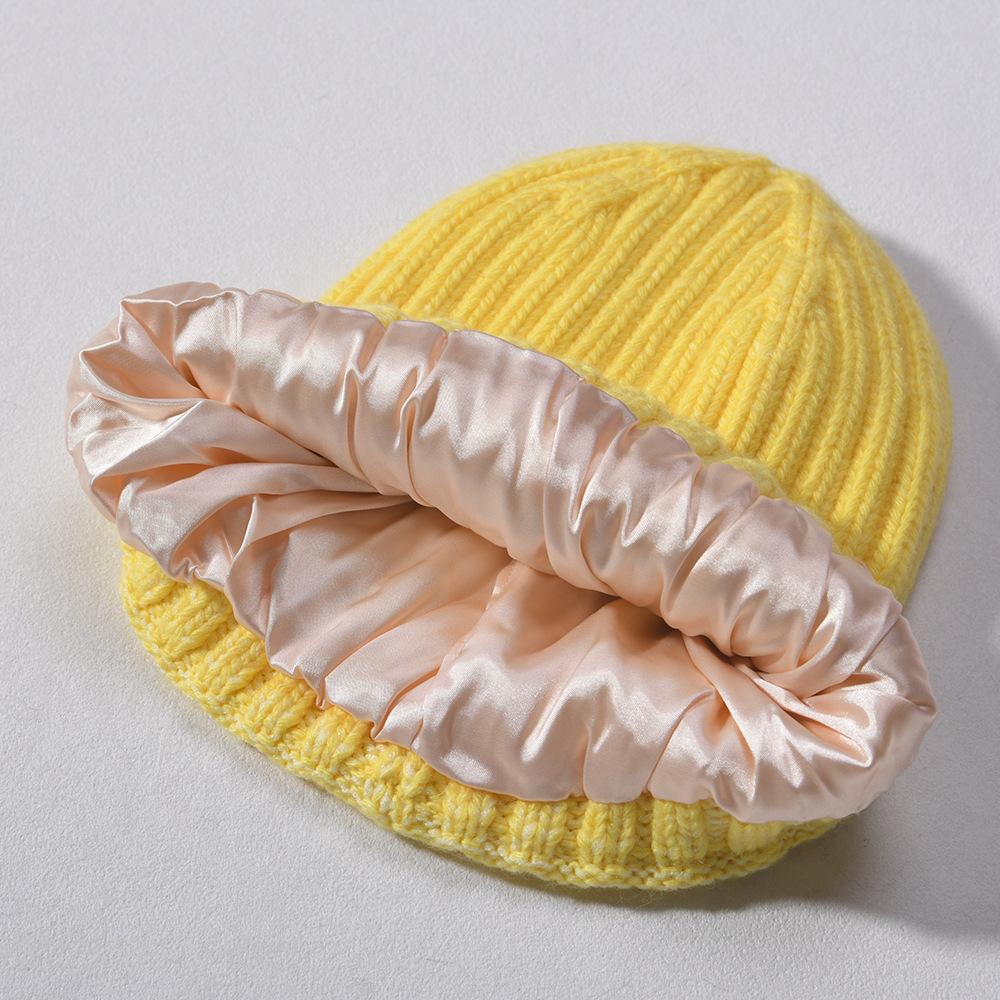 Versatile series adult rabbit velvet knitted hat solid color lined outdoor satin lining wool hat source