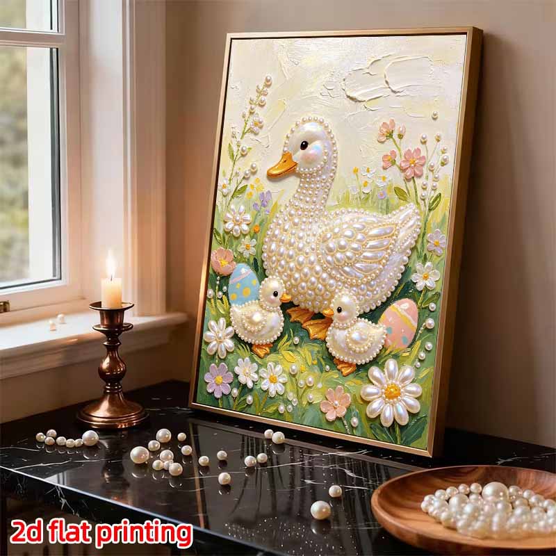 DIY Frameless Pearl Painting Kit Duck Family 3D Shiny Bead Art Canvas Relaxing Creative Craft for Home Wall Decor Gift