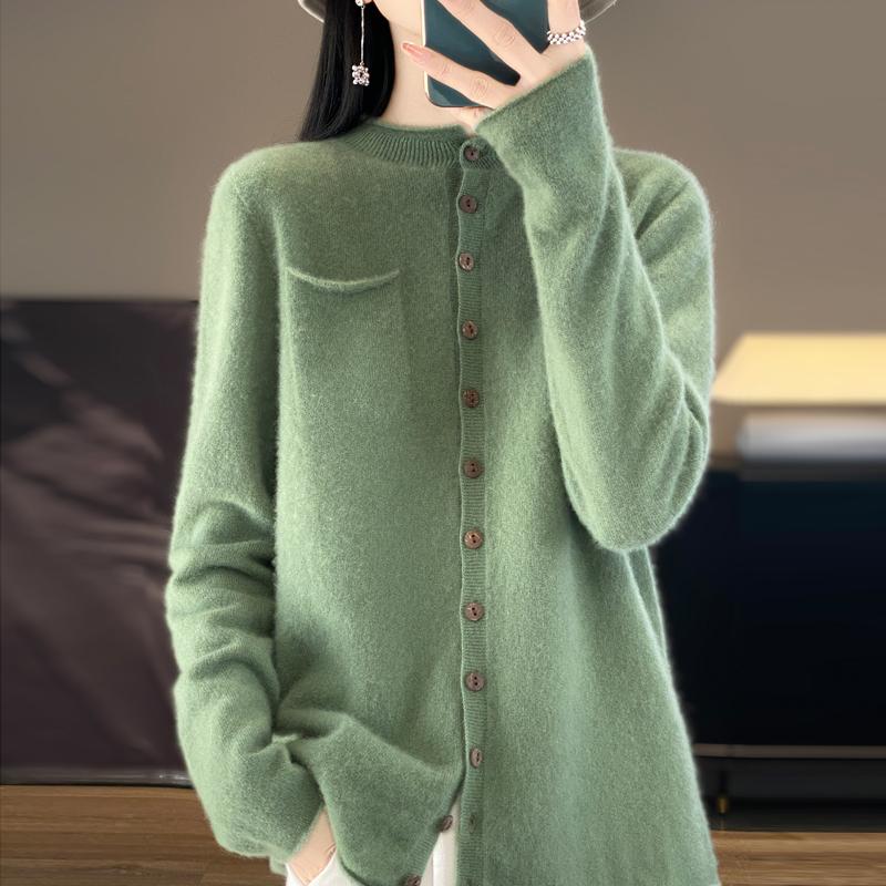 100% Merino Wool Women's Sweater Cardigan Fashion Crewneck High Quality Crimped Knit Sweater Pure Color Pocket Loose Sweater