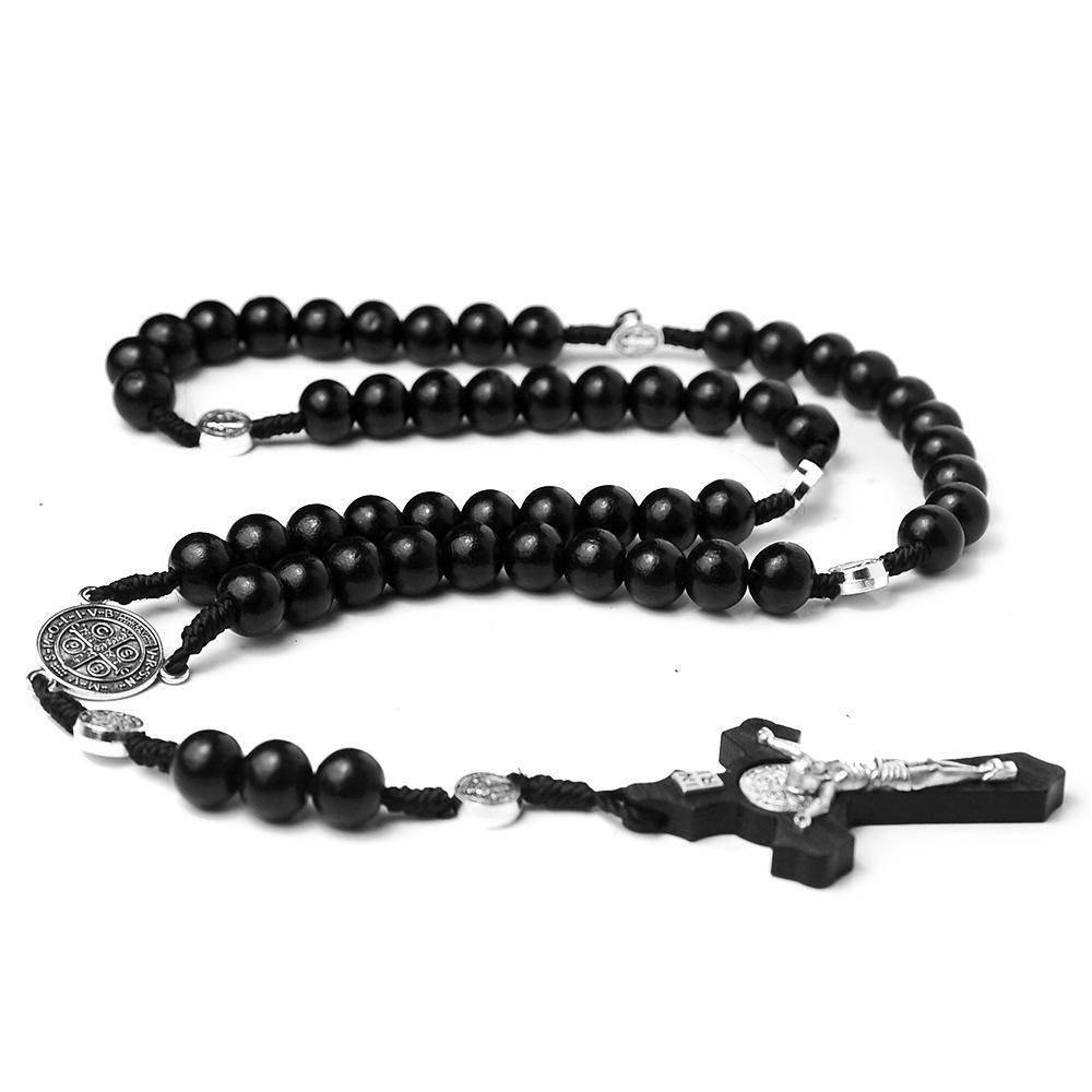 Black Handmade Wood Beads Rosary Necklace For Women Men Christian Cross Virgin Mary Crucifix Pendant Chain Religion Jewelry
