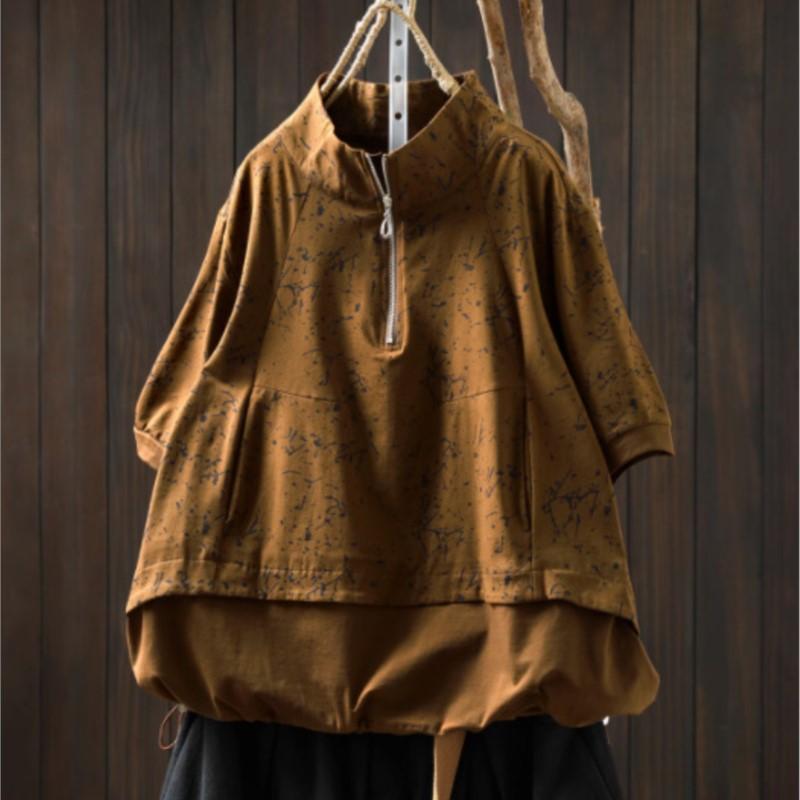 

Johnature Women Vintage Print Floral T-Shirts Turtleneck Short Sleeve Patchwork Summer Zipper Casual T-Shirts One Size