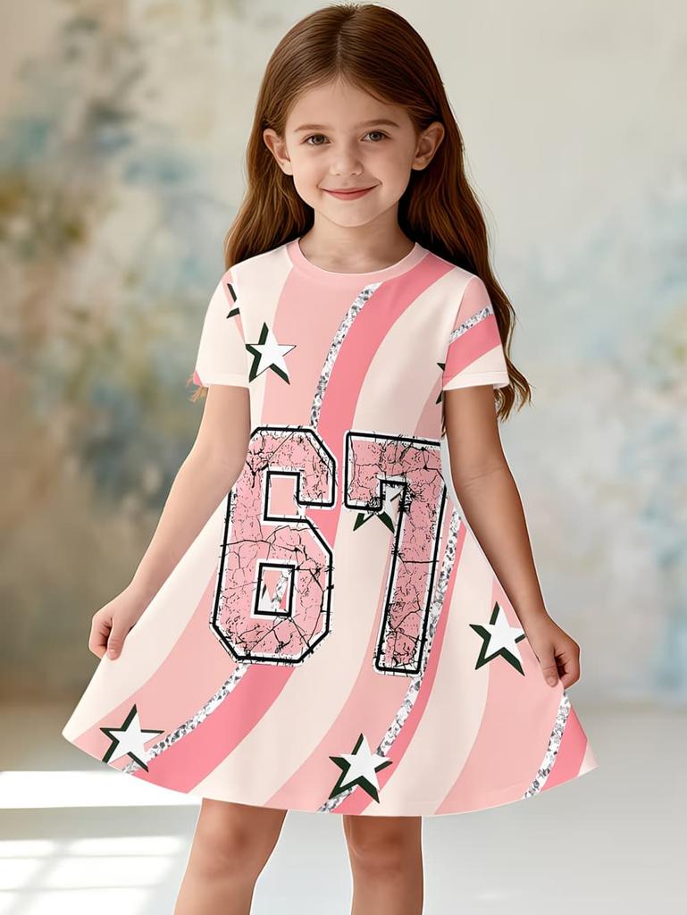 67 Meme Dress for Girls Cute Pink Stripe Star Number 3D Print Short Sleeve Summer Dresses Loose Round Neck Children Clothes Girl