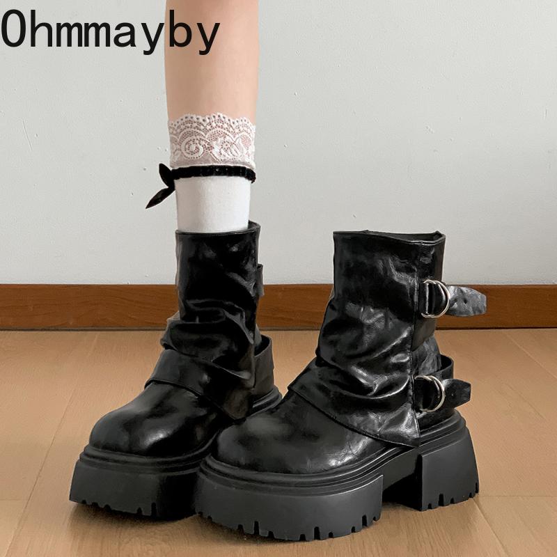 New Chunky Platform Heels Women Ankle Boots Casaul Slip On Height Increase Short Booties Shoes Mujer