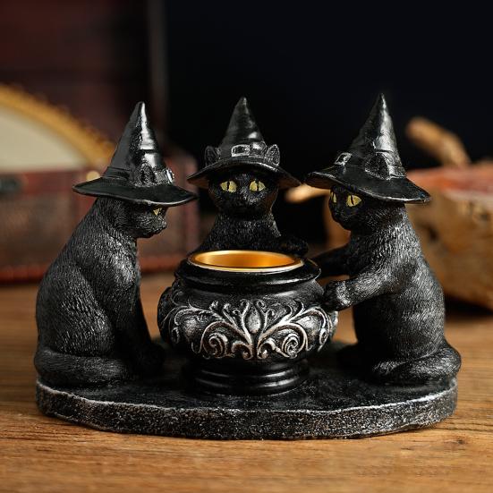 Yousheng Halloween Black Cats Candle Holder Gothic Resin Cat with Witch Hat Statue Tea Light Holder for Indoor Party Mantel Coffee Table Centerpiece