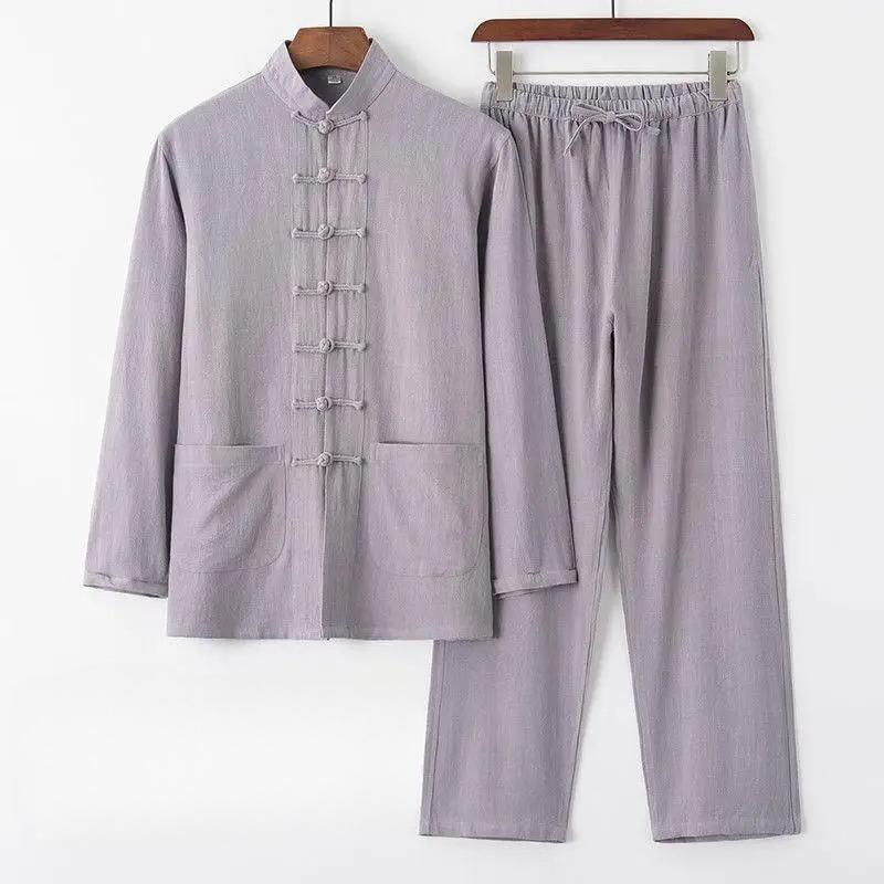 

Men s Cotton Linen Tang Suit Long Sleeve Set Retro Placket Men s Clothing Middle-aged and Elderly Loose Tai Chi Suit 4XL