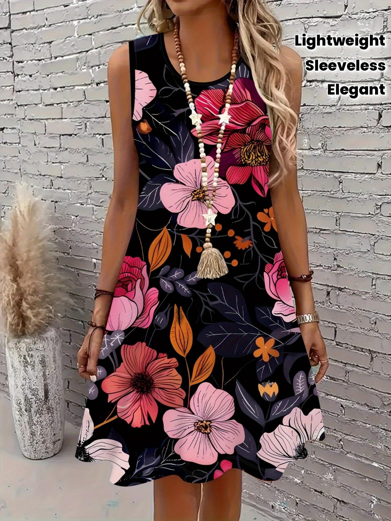 

New Elegant Black Floral Dress Women Sleeveless Slim Fit Sundress Stylish Flower Print Office Lady Casual Daily Dresses S