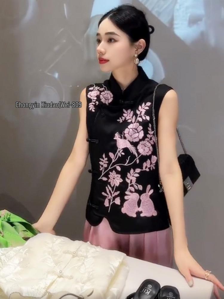 

Женский летний жилет без рукавов с китайской вышивкой: Свободный, воротник-стойка, облегающий крой 2XL чёрный
