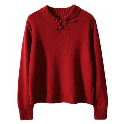 Latest Winter Stand Collar Button Chinese Style Red Year Knit Sweater for Women