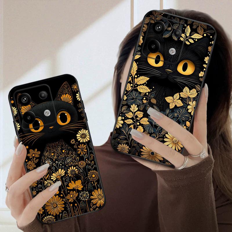 Flower Cat Black For Redmi Note 10 11 Note12S 12 13 14 Pro Plus 5G 14S 4G 13ProPlus 9S 9 P ro 13C 14C silicone soft phone case