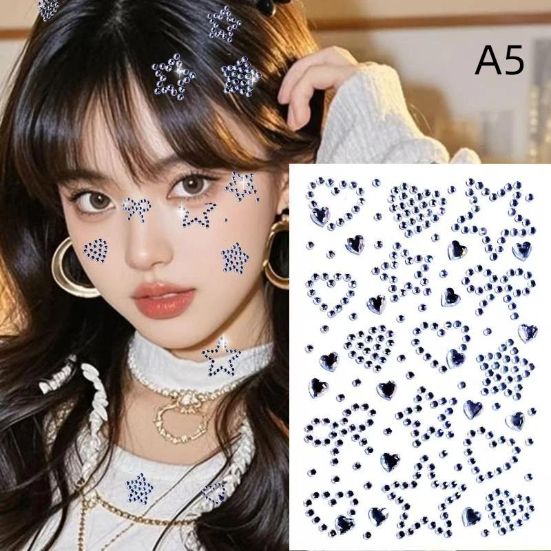 Colorful Face Rhinestone Stickers 1 Sheet Self Adhesive Heart Star Design for School Talent Show Stage Makeup