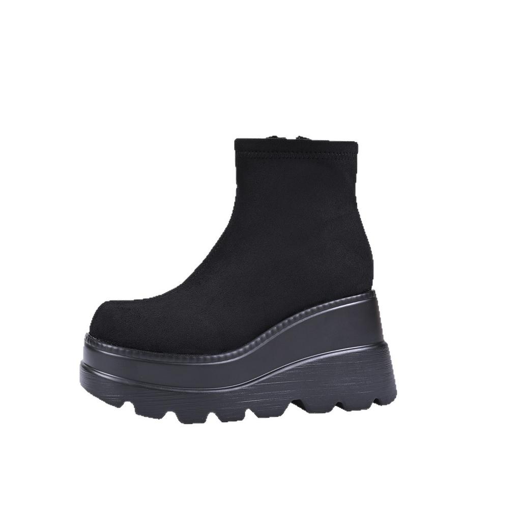 Fashion Comemore Suede Wedge Heel Ankle Boots Autumn Square Toe Chunky Platform Super High Heels Side Zip Boots Solid Black Short Botas