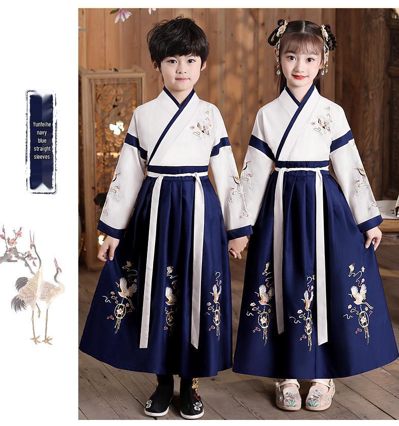 

Костюм Ханфу Госюэ для мальчиков - Костюм школьника в древнекитайском стиле для выступлений с правилами «Троесловие» Blue Direct Sleeve Male Model with Cloud Crane