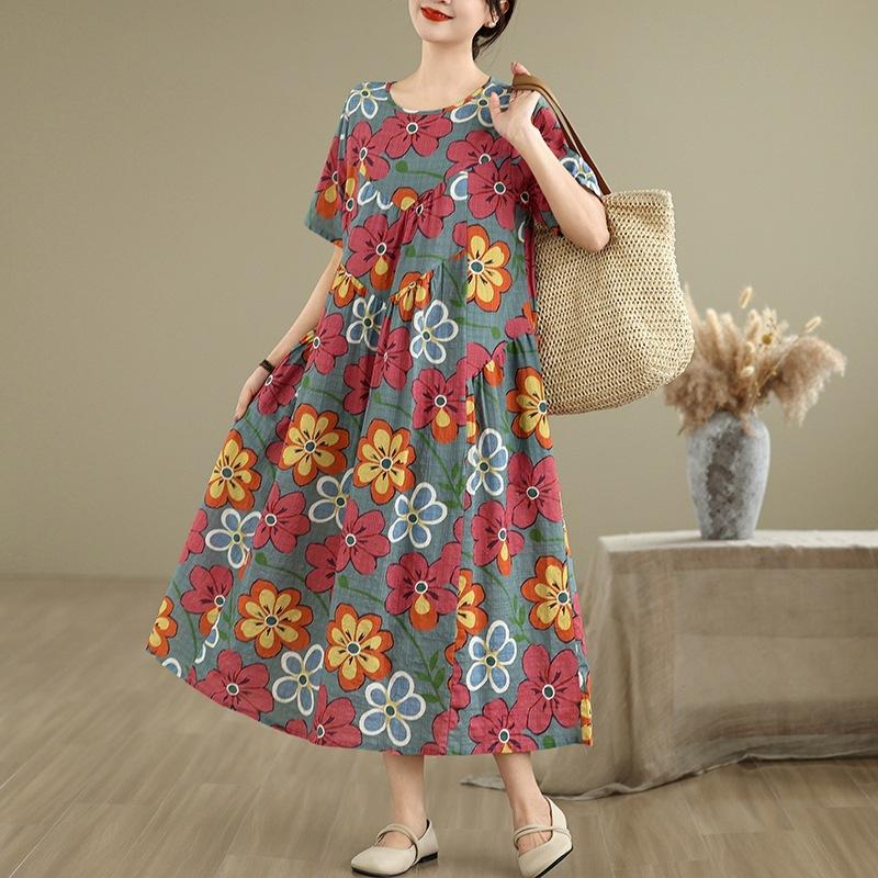 2025 léto nové retro potisk bavlna a len šaty dámské volné a tenké kulatý výstřih krátký rukáv A-střih dlouhé šaty