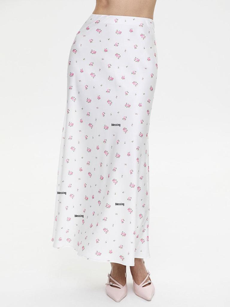 2025 Spring/Summer Floral Satin High-Waisted Midi Skirt