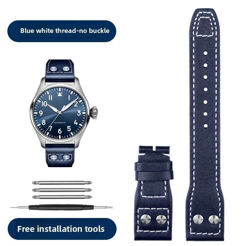 

21 22mm Bracelet Retro Genuine Leather Rivets strap For IWC Big Pilot Spitfire Mark18 Vintage Brown Black Blue Cowhide Watchband 22mm width