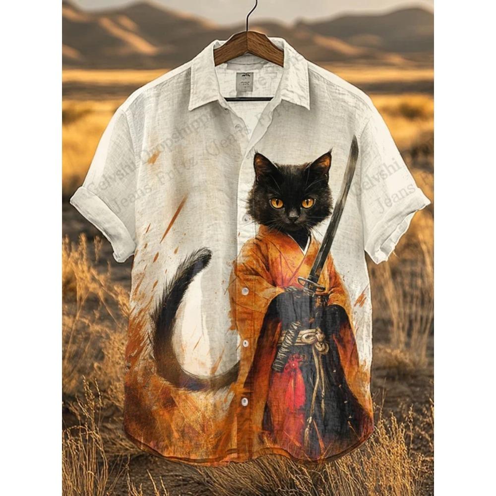 Men's Shirts Warrior Samurai Cat Print Hawaii Beach Shirt For Men 3d Print Hawaiian Shirt Women Fashion Short Sleeve Blouse New