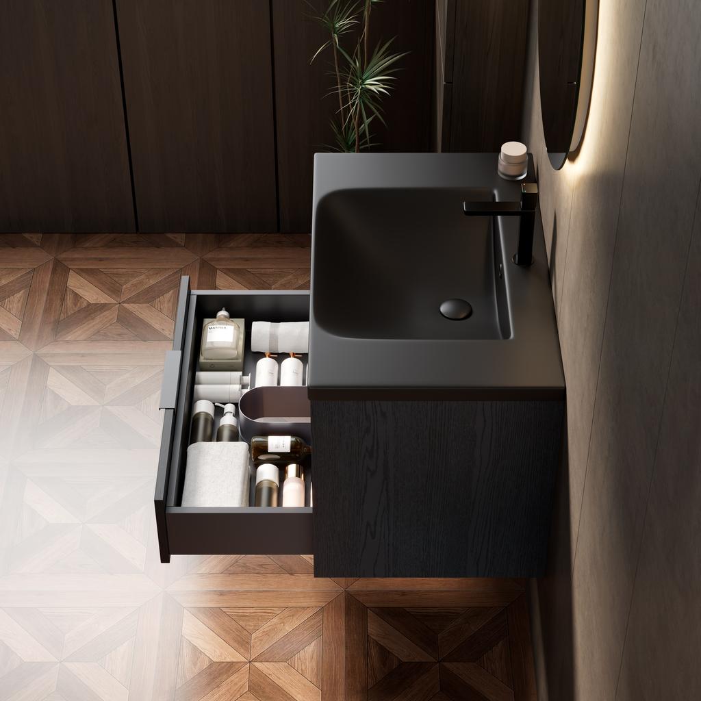 75cm Floating Bathroom Vanity with Integrated Undermount Ceramic Basin, Beveled Plywood Cabinet with Shelf and Drawer, Pre-assembled, Black Wood Grain