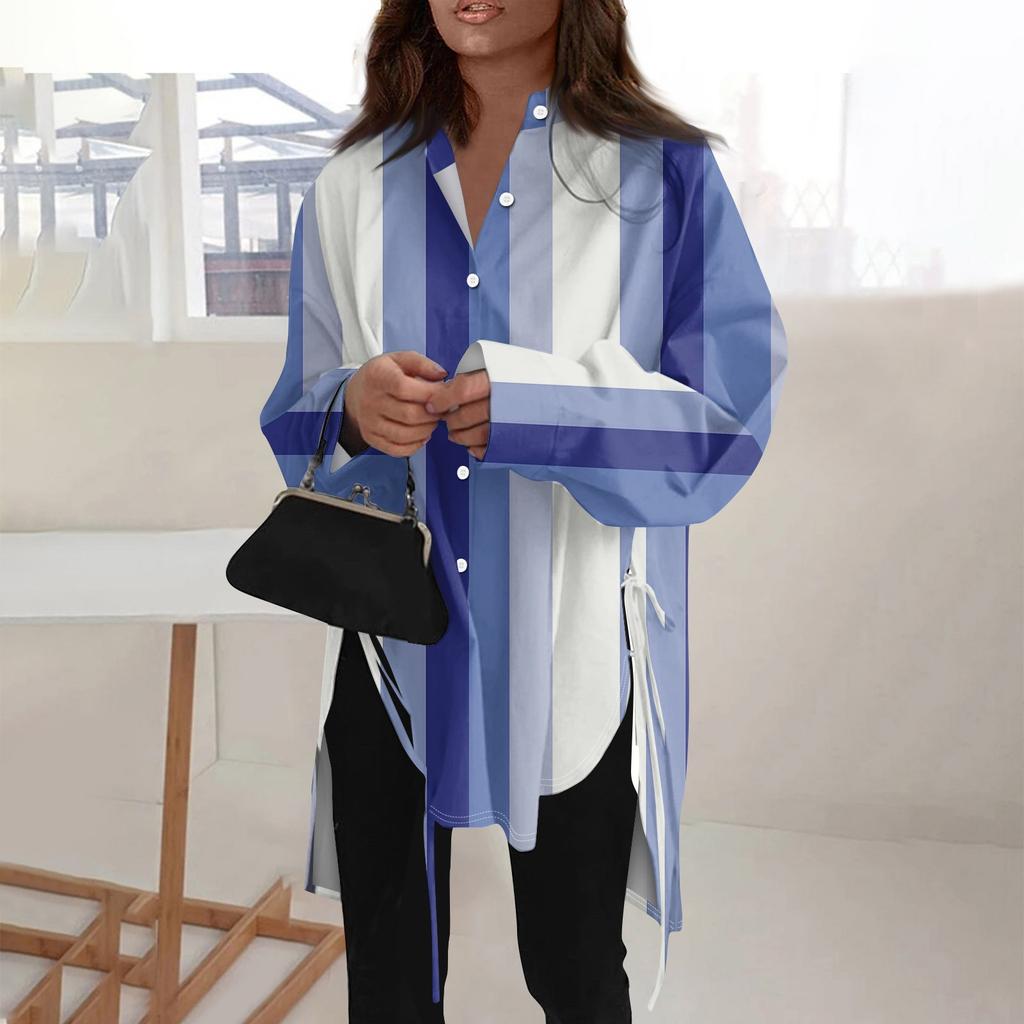 Camicia da donna di tipo sciolto a maniche lunghe con risvolto a maniche lunghe tinta unita alla moda