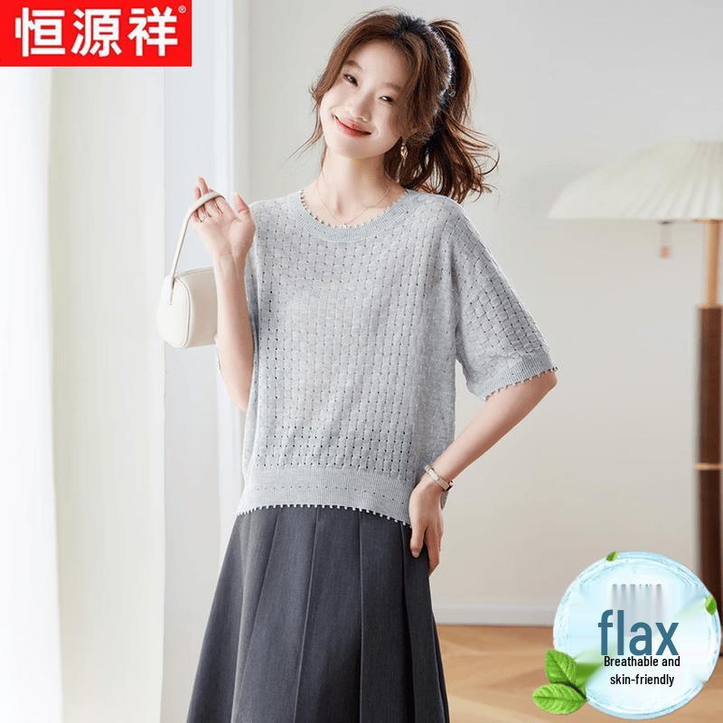 Hengyuanxiang Women's Linen Blend Round Neck Short Sleeve Top