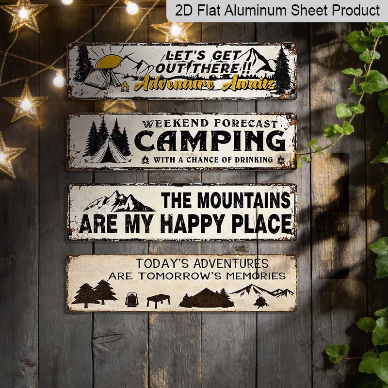 2D Flach 4 Paar/Set Retro Outdoor Camping Thema Langes Aluminium Dekoschild, Wochenendvorhersage Camping Abenteuer wartet Dekoratives Metall