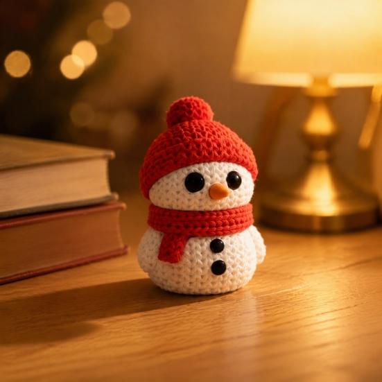 Festive Snowman Decor 3D Printed Knitted Figurine, Christmas Statue with Red Knit Decorative Hat and Scarf, Mini Sculpture for Holiday Desk Decoration