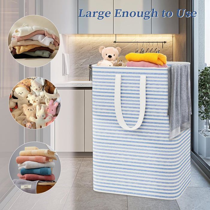 Panier à linge pliable 75L autoportant bleu - Poignées renforcées, lin imperméable 40×32×62 cm