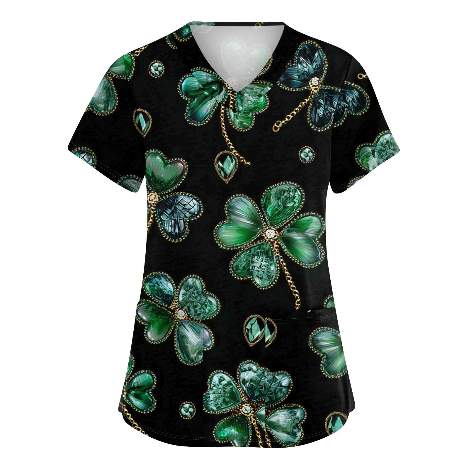 

Ladies St. Patrick Print Fashionable V-neck Pocket Short Sleeved Uniform And Caregiver Top M