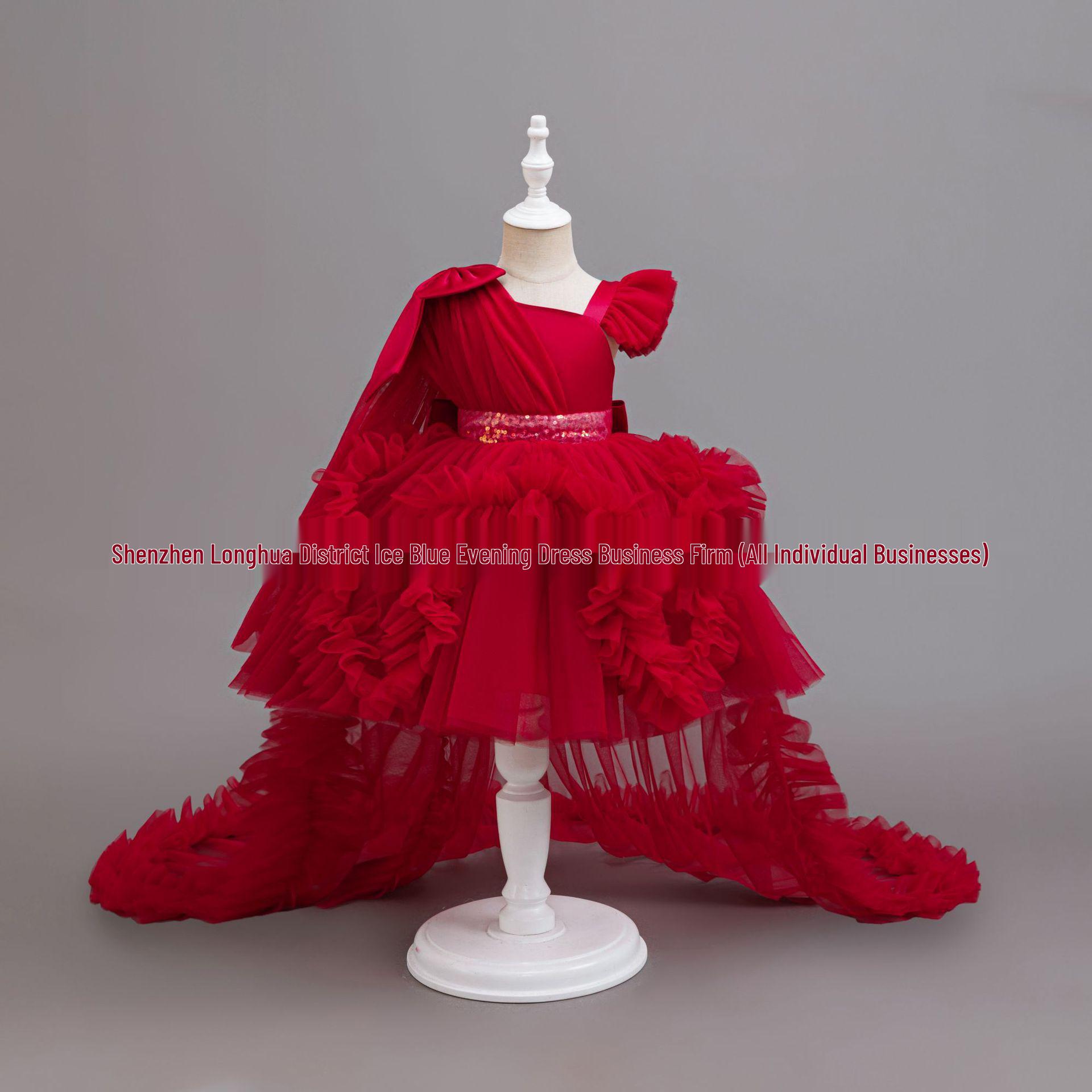 Mädchen Einjähriges Asymmetrisches Puffkuchenkleid - Kleinkind Abend- & Bühnenbekleidung 130 cm rot