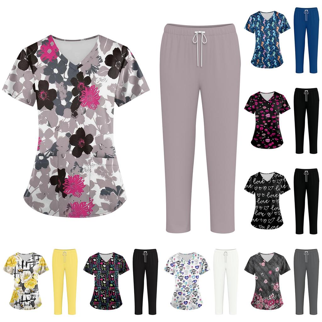 Plus SizePrinted Scrub Working Uniform Tops For Women's Cross V-Neck Halloween Print Short Sleeve Fun T-Shirts Workwear Tee With Pockets