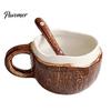 Unique Textured Breakfast Bowl Vintage Coconut Shell Ceramic Mug, Handmade Irregular Coffee Cup with Spoon, Cereal Mug Rustic Texture Oatmeal Tea for