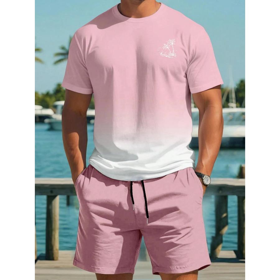 Farbverlauf Kurzarm-T-Shirt und Shorts Set Mode Hawaiianischer Urlaub T-Shirt Shorts mit Kordelzug 2-teiliges Set Herrenbekleidung