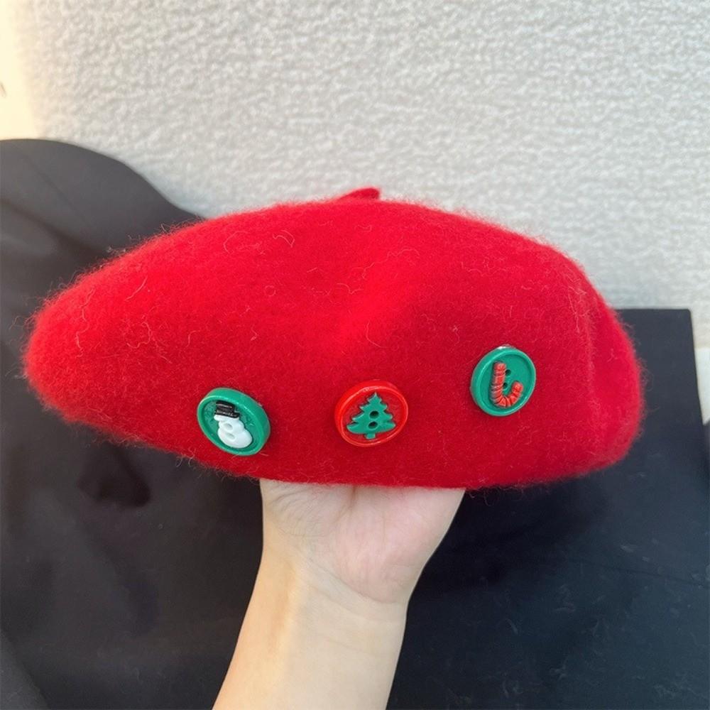 Cute Woolen Christmas Beret Hat Solid Color Windproof Beanie Cap Thick Warm Christmas Gift Xmas Dress Up Bonnets