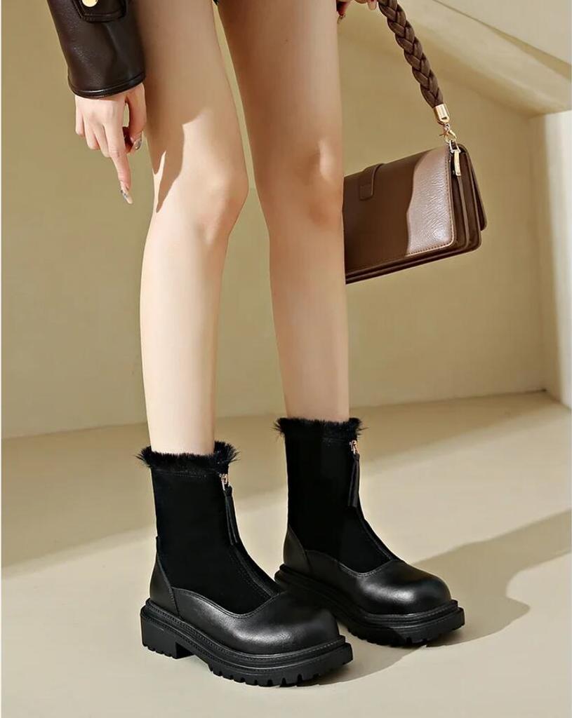 Warm Plush Boots Women Winter Shoes Chelsea Suede Platform Casual Women Ankle Boots Round Toe Fur Goth Botas Feminina Brown