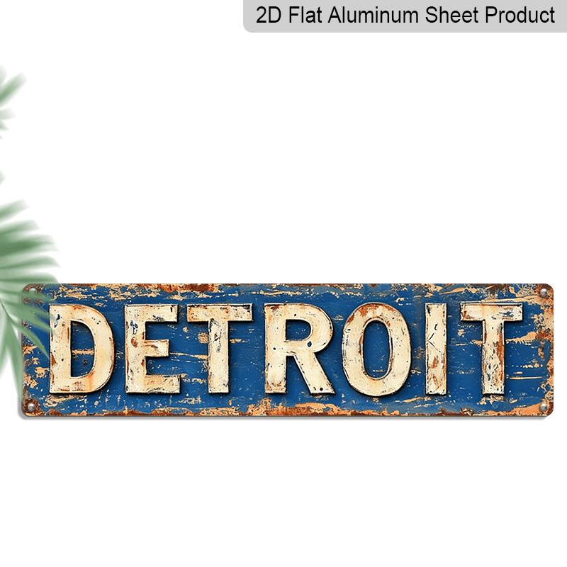 

[2D Flat] Vintage Detroit Aluminum Decorative Sign - 2D Acrylic Flat, NOT 3D - Rustic Blue & White Rectangular Wall Decor with Distressed Yellow 40cm x 10cm