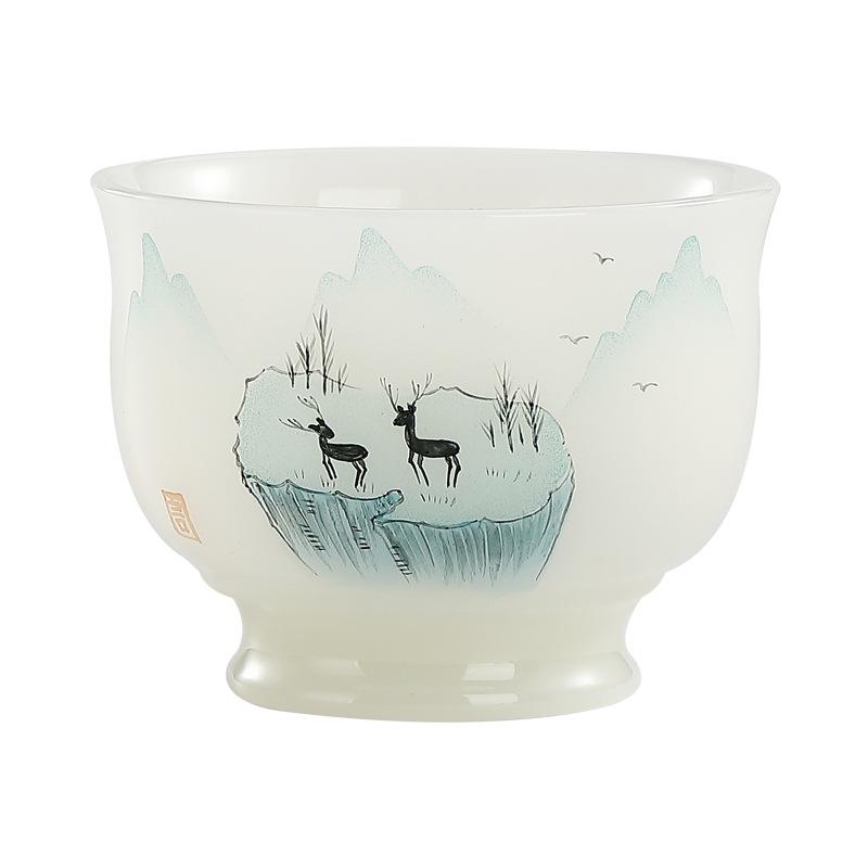 Hand-Painted Jade Ceramic Gongfu Tea Cup - Landscape Design, Perfect for Tea Tasting, Personal Use, or Gift.