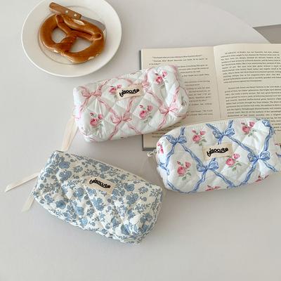 Quilted Bow Floral Pencil Case Multi-Layer Stationery Storage Bag Stationery Organizer for Teen Girls